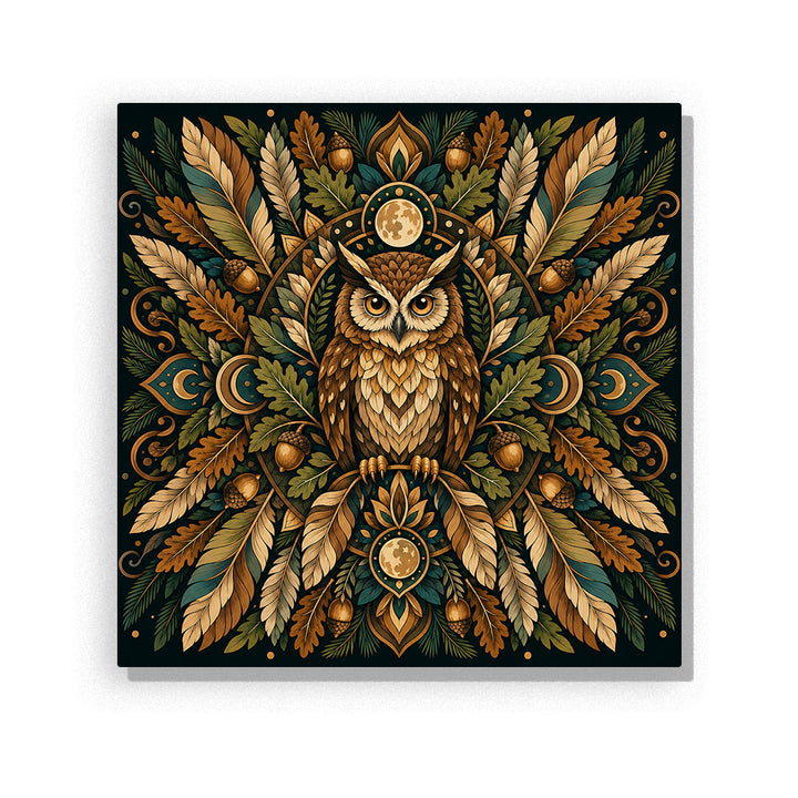 Amber root owl mandala with woodland leaves, moon symbols, feathers, acorns and symmetrical forest pattern Paint by Numbers artwork by PaintEasy