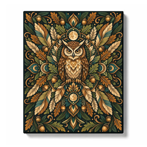 Amber root owl mandala with woodland leaves, moon symbols, feathers, acorns and symmetrical forest pattern Paint by Numbers artwork by PaintEasy