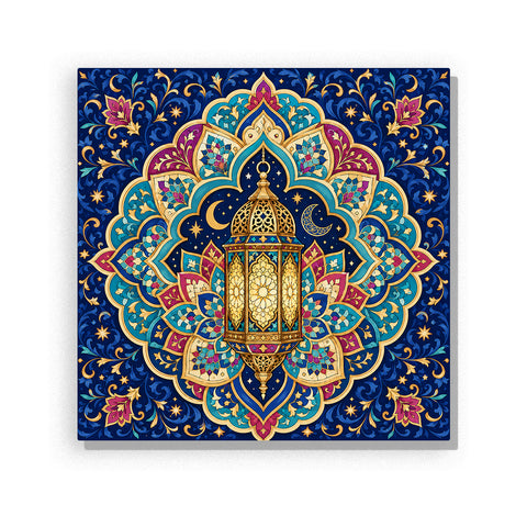 Golden lantern with crescent moon, Islamic geometric mandala pattern, star motifs and ornamental decorative design Paint by Numbers artwork by PaintEasy