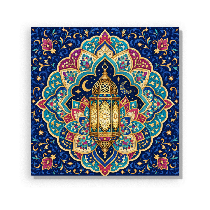 Golden lantern with crescent moon, Islamic geometric mandala pattern, star motifs and ornamental decorative design Paint by Numbers artwork by PaintEasy