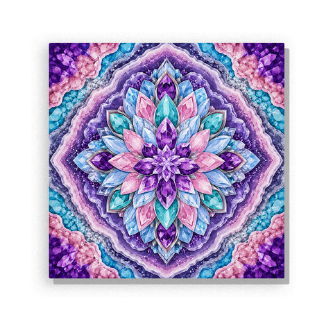 Crystal lotus mandala with amethyst gemstone pattern, geometric layers, purple blue crystal petals and symmetrical spiritual design Paint by Numbers artwork by PaintEasy