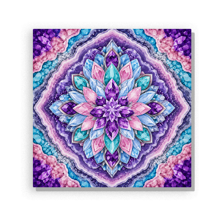 Crystal lotus mandala with amethyst gemstone pattern, geometric layers, purple blue crystal petals and symmetrical spiritual design Paint by Numbers artwork by PaintEasy