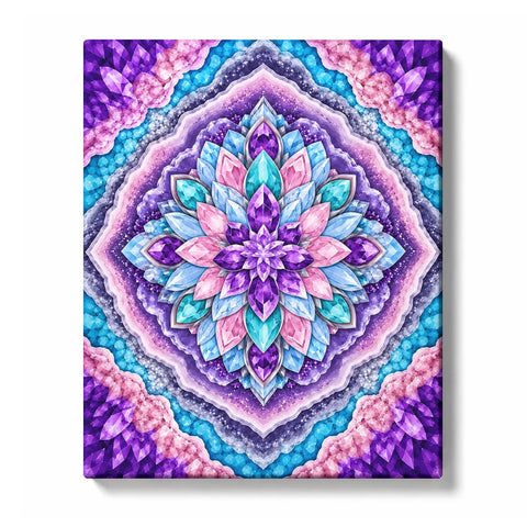 Crystal lotus mandala with amethyst gemstone pattern, geometric layers, purple blue crystal petals and symmetrical spiritual design Paint by Numbers artwork by PaintEasy