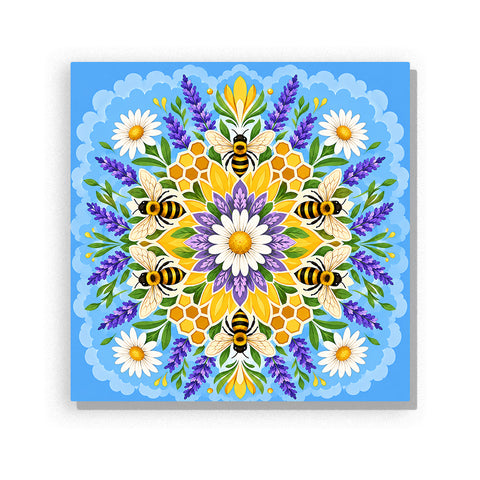 Honey Bloom bee mandala with lavender, daisies, honeycomb, green leaves and symmetrical floral pattern Paint by Numbers artwork by PaintEasy