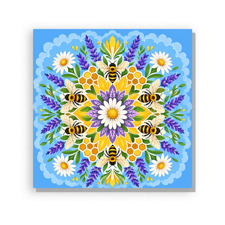 Honey Bloom bee mandala with lavender, daisies, honeycomb, green leaves and symmetrical floral pattern Paint by Numbers artwork by PaintEasy