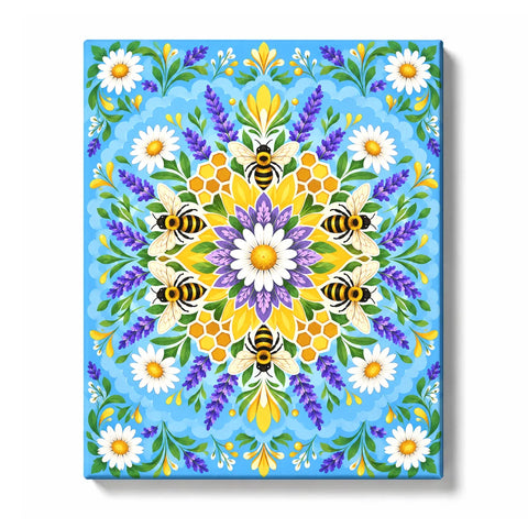 Honey Bloom bee mandala with lavender, daisies, honeycomb, green leaves and symmetrical floral pattern Paint by Numbers artwork by PaintEasy