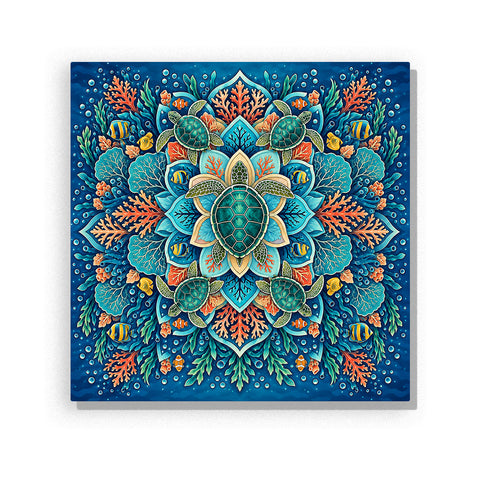 Blue sea turtle mandala with coral reef, tropical fish, sea plants, bubbles and symmetrical ocean pattern Paint by Numbers artwork by PaintEasy