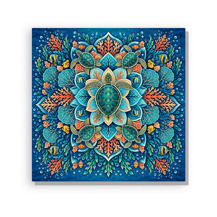 Blue sea turtle mandala with coral reef, tropical fish, sea plants, bubbles and symmetrical ocean pattern Paint by Numbers artwork by PaintEasy