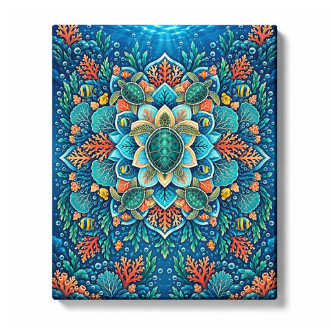 Blue sea turtle mandala with coral reef, tropical fish, sea plants, bubbles and symmetrical ocean pattern Paint by Numbers artwork by PaintEasy