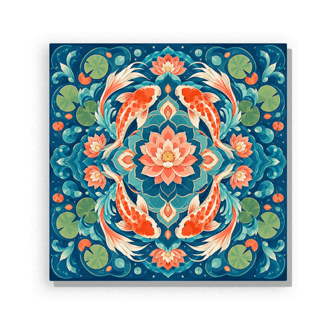 Blue water koi fish lotus mandala with water lilies, waves, lotus flowers and symmetrical aquatic design Paint by Numbers artwork by PaintEasy