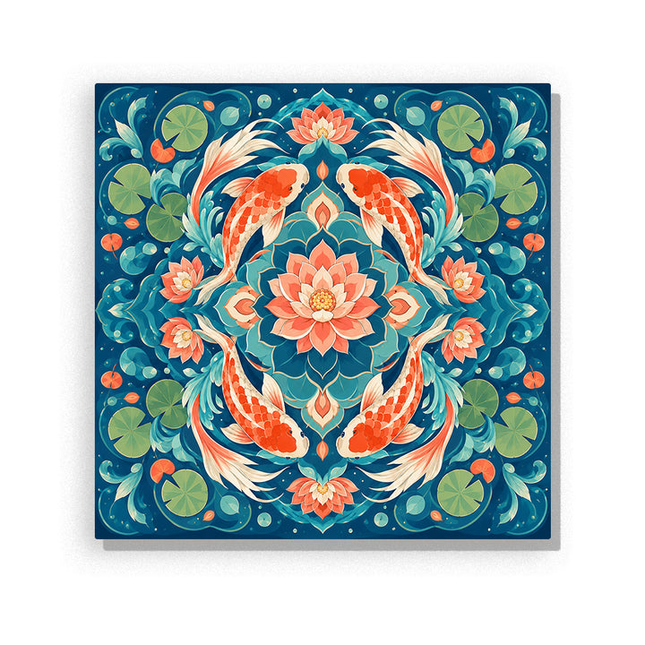 Blue water koi fish lotus mandala with water lilies, waves, lotus flowers and symmetrical aquatic design Paint by Numbers artwork by PaintEasy