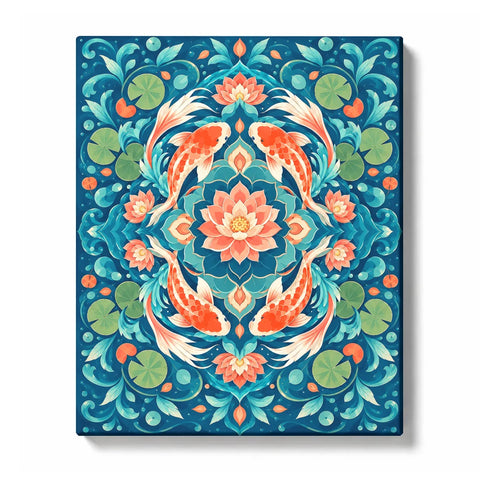 Blue water koi fish lotus mandala with water lilies, waves, lotus flowers and symmetrical aquatic design Paint by Numbers artwork by PaintEasy