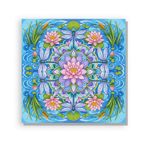 Lotus flower mandala with dragonflies, water patterns, lily pads and botanical symmetry Paint by Numbers artwork by PaintEasy