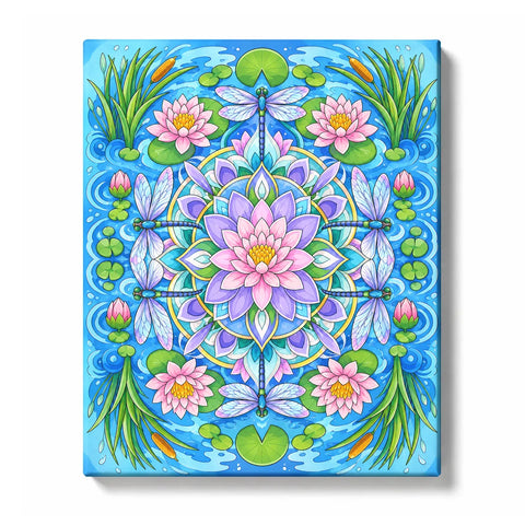 Lotus flower mandala with dragonflies, water patterns, lily pads and botanical symmetry Paint by Numbers artwork by PaintEasy