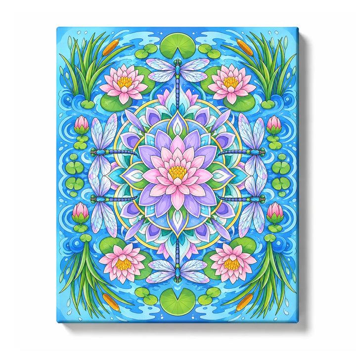 Lotus flower mandala with dragonflies, water patterns, lily pads and botanical symmetry Paint by Numbers artwork by PaintEasy