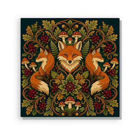 Earth-tone fox mandala with woodland leaves, mushrooms, acorns, berries and symmetrical forest botanical pattern Paint by Numbers artwork by PaintEasy