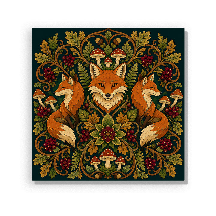 Earth-tone fox mandala with woodland leaves, mushrooms, acorns, berries and symmetrical forest botanical pattern Paint by Numbers artwork by PaintEasy