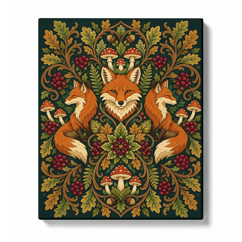 Earth-tone fox mandala with woodland leaves, mushrooms, acorns, berries and symmetrical forest botanical pattern Paint by Numbers artwork by PaintEasy