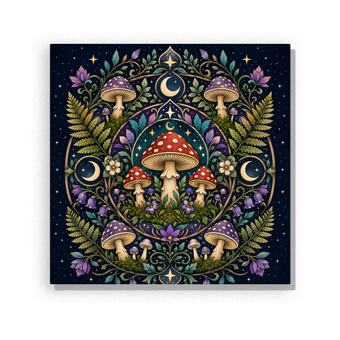 Mystical mushroom forest mandala with crescent moon, colorful mushrooms, ferns, flowers and symmetrical woodland pattern Paint by Numbers artwork by PaintEasy