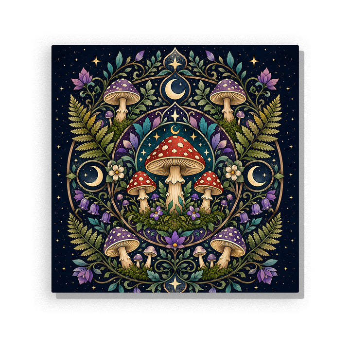 Mystical mushroom forest mandala with crescent moon, colorful mushrooms, ferns, flowers and symmetrical woodland pattern Paint by Numbers artwork by PaintEasy
