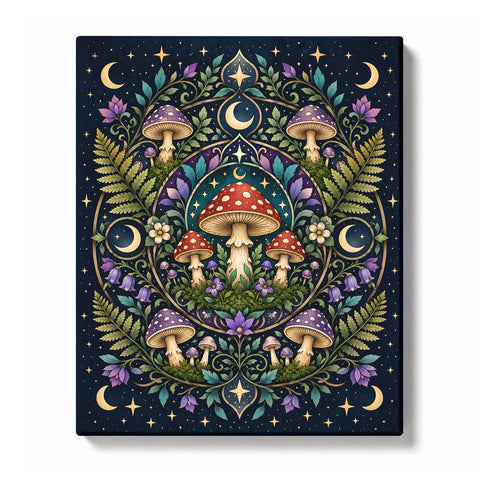 Mystical mushroom forest mandala with crescent moon, colorful mushrooms, ferns, flowers and symmetrical woodland pattern Paint by Numbers artwork by PaintEasy