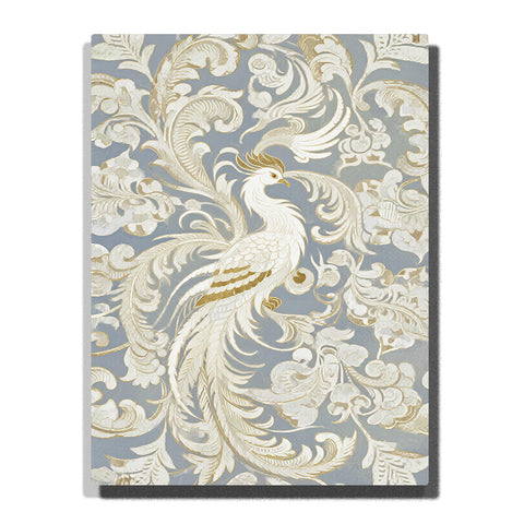 Paint by numbers elegant phoenix with baroque scroll ornament pattern in ivory and gold tones on soft blue background, decorative wall art
