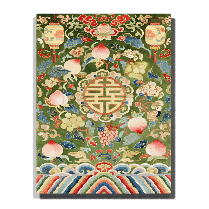Longevity symbol medallion with peaches grapes and auspicious floral motifs in traditional decorative pattern