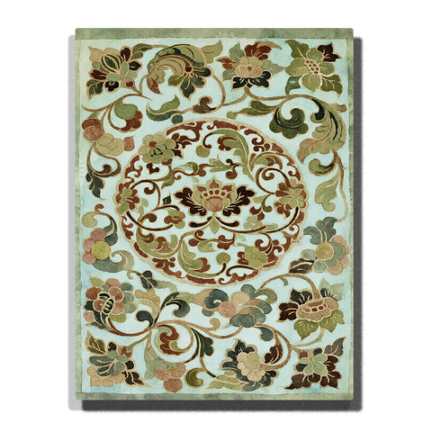 Baoxiang-inspired floral scroll medallion with vine motifs and layered botanical ornament in muted green and earth tones