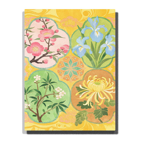 Four seasonal floral motif panels featuring plum blossom, iris, pear blossom and chrysanthemum in a balanced decorative pattern