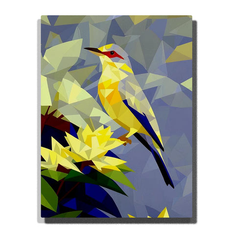 Paint by Numbers yellow songbird with red eye marking perched above pale yellow blossoms and green leaves on a faceted blue gray background