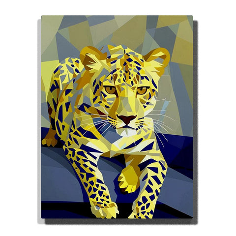 Paint by Numbers stalking leopard crawling low with geometric cream and ochre markings on a deep blue faceted background, modern wildlife wall art