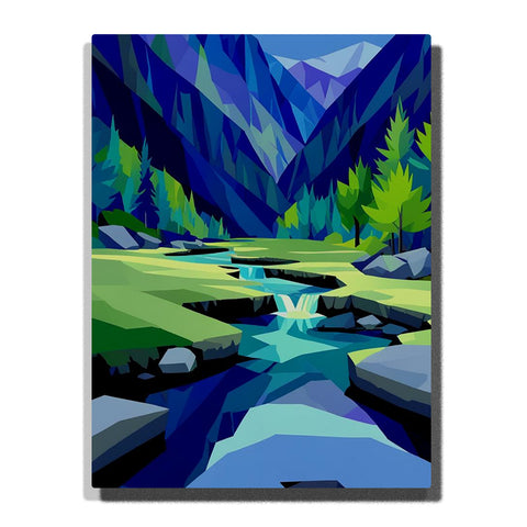 Paint by Numbers alpine stream flowing through a blue mountain valley with faceted peaks, green trees, and reflective water, modern landscape wall art