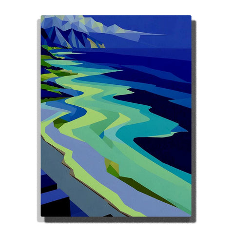 Paint by Numbers turquoise coastal shoreline with layered tidal water, deep blue sea, and faceted cliffs, modern ocean landscape wall art