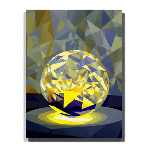 Paint by Numbers enchanted crystal ball glowing with golden and blue prism reflections in dark midnight shadows, luminous geometric wall art