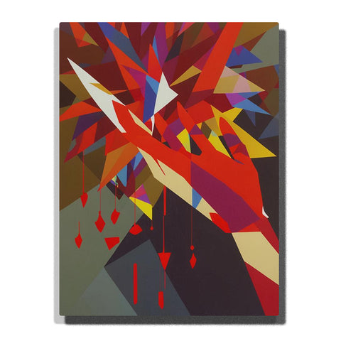 Paint by numbers abstract hand-like crimson form touching prism shards with falling blood-red trails, dramatic geometric wall art