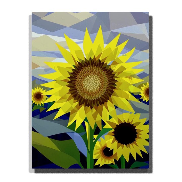Paint by Numbers bright sunflower bloom with layered yellow petals, smaller sunflowers, and a geometric blue gray sky, modern floral wall art