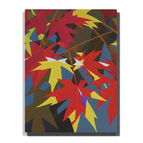 Paint by Numbers scarlet and golden maple leaves layered over brown branches with blue and olive background, abstract autumn wall art