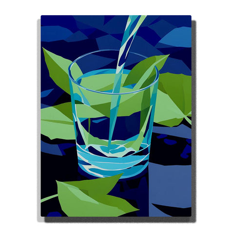 Paint by Numbers clear water pouring into a glass with green leaves on a deep blue background, modern botanical still life wall art