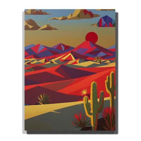 Paint by Numbers crimson desert landscape with cacti, layered red mountains, geometric clouds, and a bold sunset sun, abstract Southwestern wall art