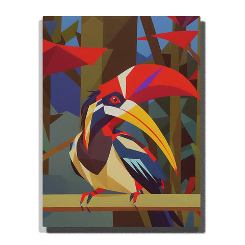Paint by Numbers crimson hornbill with golden beak perched on a branch against layered jungle trees and red foliage, tropical abstract wall art