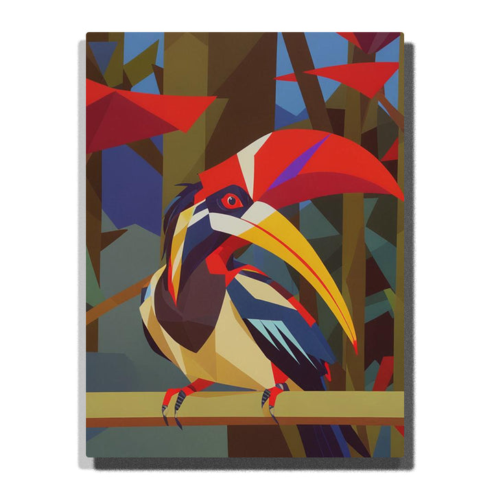 Paint by Numbers crimson hornbill with golden beak perched on a branch against layered jungle trees and red foliage, tropical abstract wall art