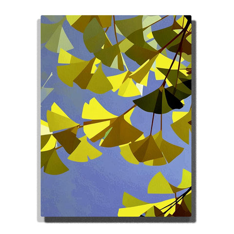 Paint by Numbers fan-shaped ginkgo leaves in citron and olive tones against a soft blue sky, modern botanical wall art
