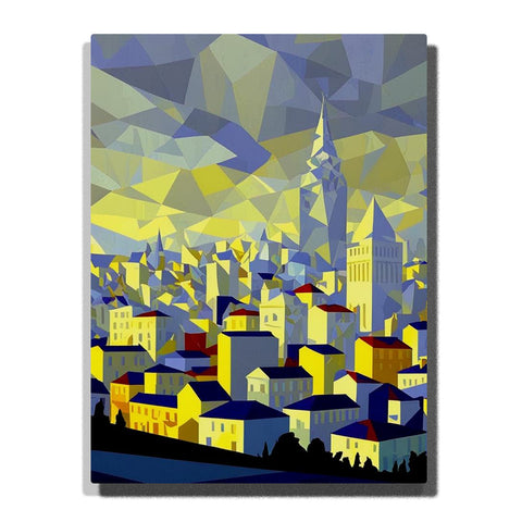 Paint by Numbers city skyline at dusk with layered pale buildings, deep blue rooftops, a tall central spire, and a faceted yellow blue sky