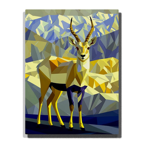 Paint by Numbers graceful antelope with spiral horns standing before faceted blue and yellow mountain peaks, modern wildlife landscape wall art