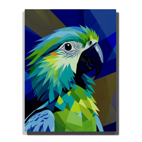 Paint by Numbers emerald and sapphire parrot portrait with layered geometric feathers and deep blue faceted background, tropical bird wall art