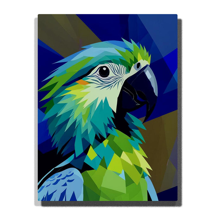 Paint by Numbers emerald and sapphire parrot portrait with layered geometric feathers and deep blue faceted background, tropical bird wall art
