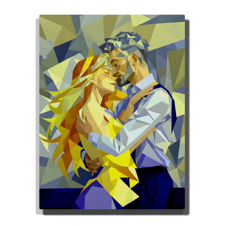 Paint by Numbers romantic couple embracing with closed eyes, golden dress, flowing amber hair, and geometric silver blue background wall art