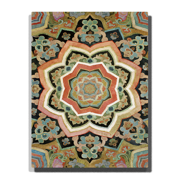 Earth-tone mandala pattern with layered floral geometry and vintage ornamental details in symmetrical radial design