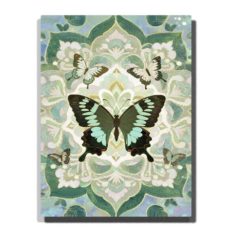 Green butterfly mandala with symmetrical wings and soft botanical ornamental pattern in a balanced decorative design