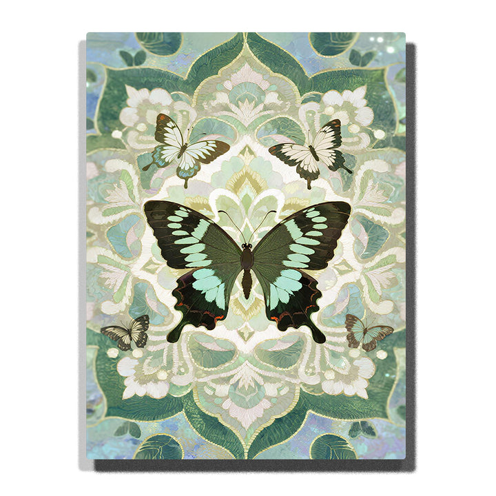 Green butterfly mandala with symmetrical wings and soft botanical ornamental pattern in a balanced decorative design